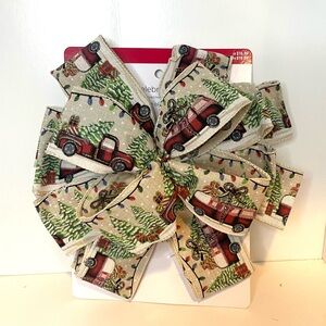 Christmas Tree with Red Truck Holiday Festive Burlap Bow , Tree topper bow